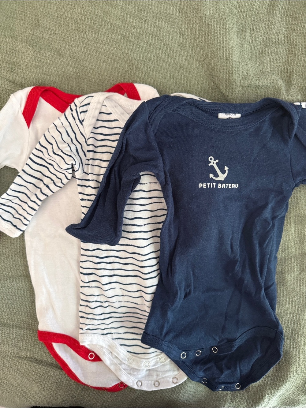 Petit Bateau Navy and White Striped Long-Sleeve One-Piece Bodysuits (Set)